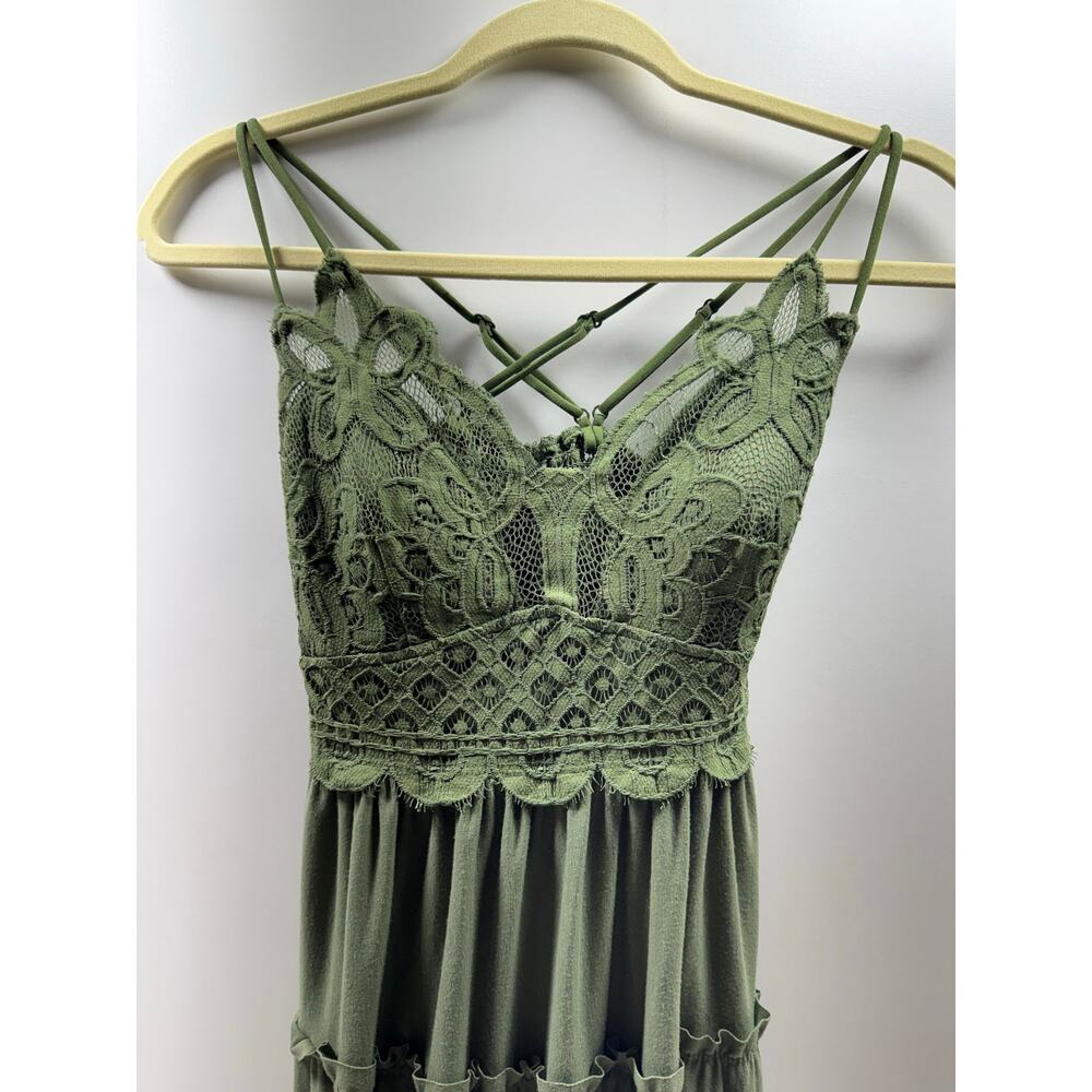 Y2K Boho Babydoll Tiered Mini Dress Green Sz Large Strappy Juniors Coquette - Picture 9 of 11